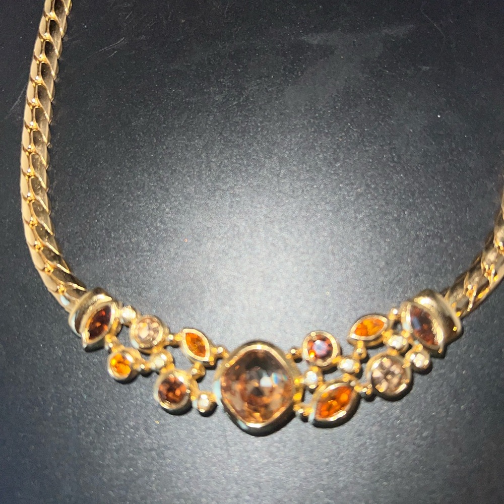 Rare Christian Dior gold-tone necklace  citrine, topaz, and brown crystals.